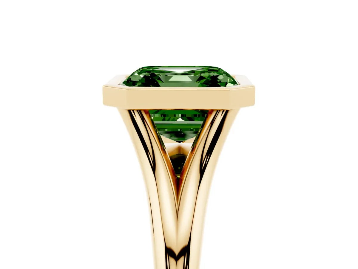 Fancy Green Bezel Set Asscher Cut Cut Solitaire Ring with Tapered Band Yellow gold
