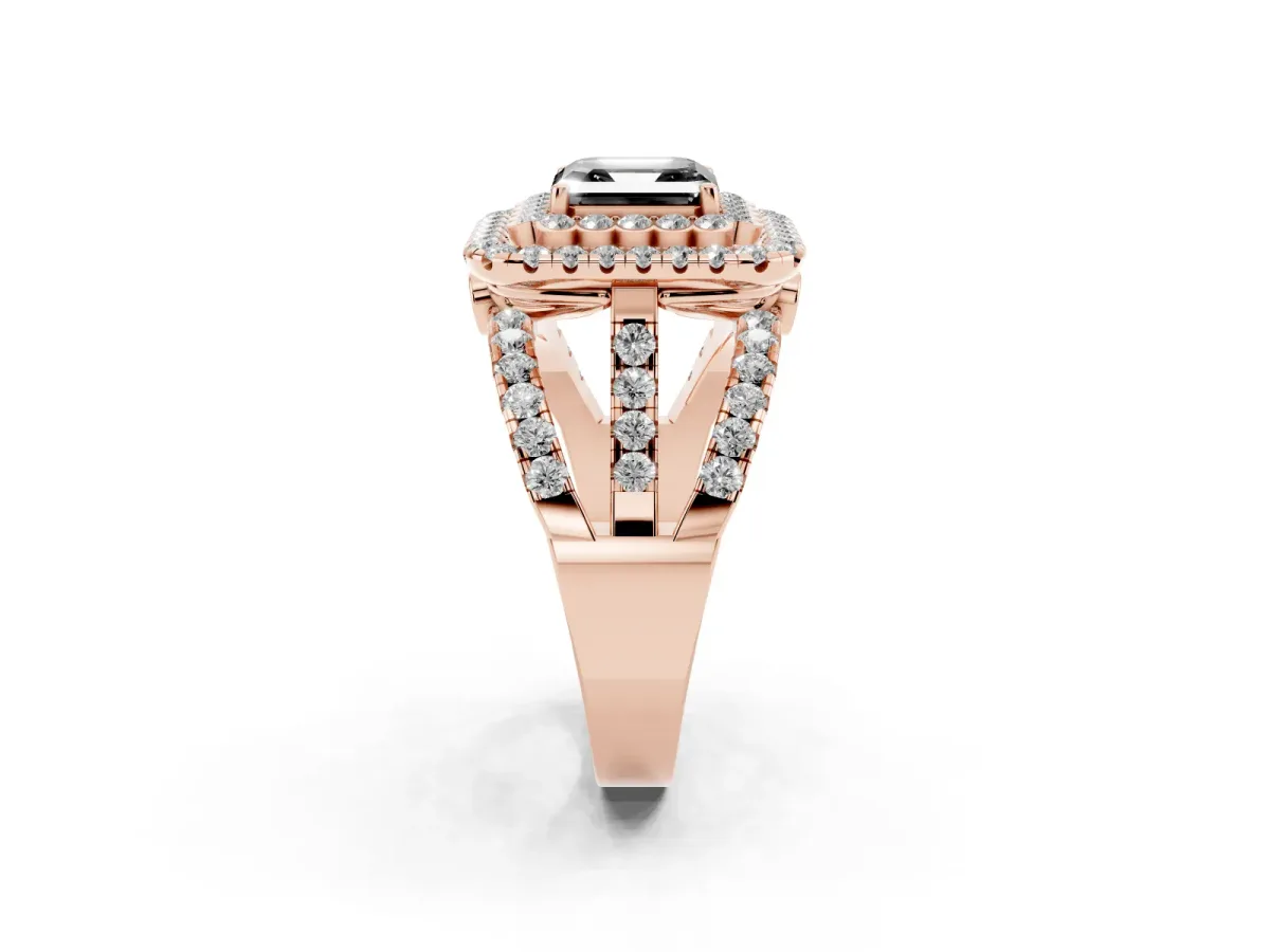 Fancy Black Asscher Cut Diamond Double Halo Ring with Round Pavé Split Shank and Prong Setting Rose gold