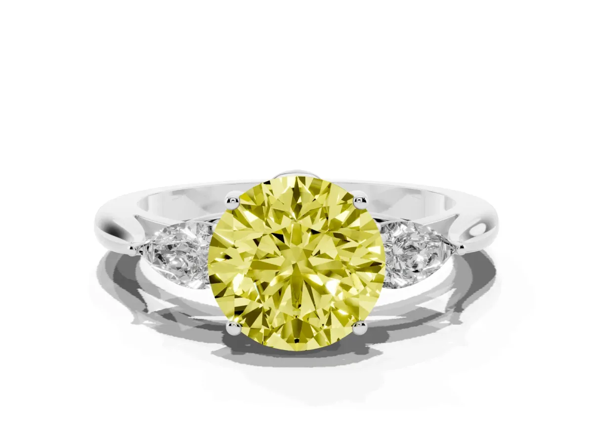 Fancy Yellow Three-Stone Round Cut Brilliant Diamond Solitaire Ring with Tapered Band and Four-Prong Setting Silver