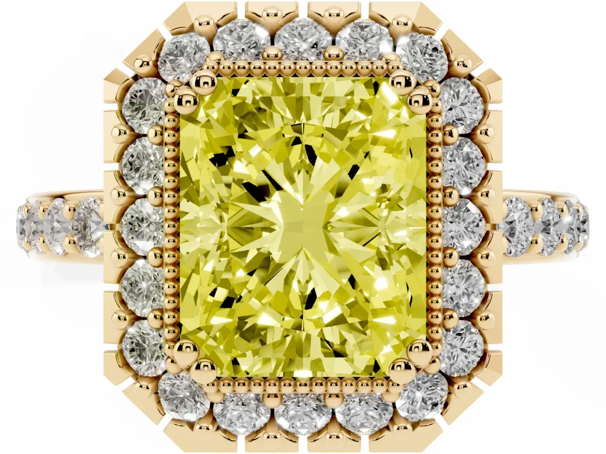 Fancy Yellow Radiant Cut Diamond Halo Ring with Pavé Band and Prong Setting Yellow gold