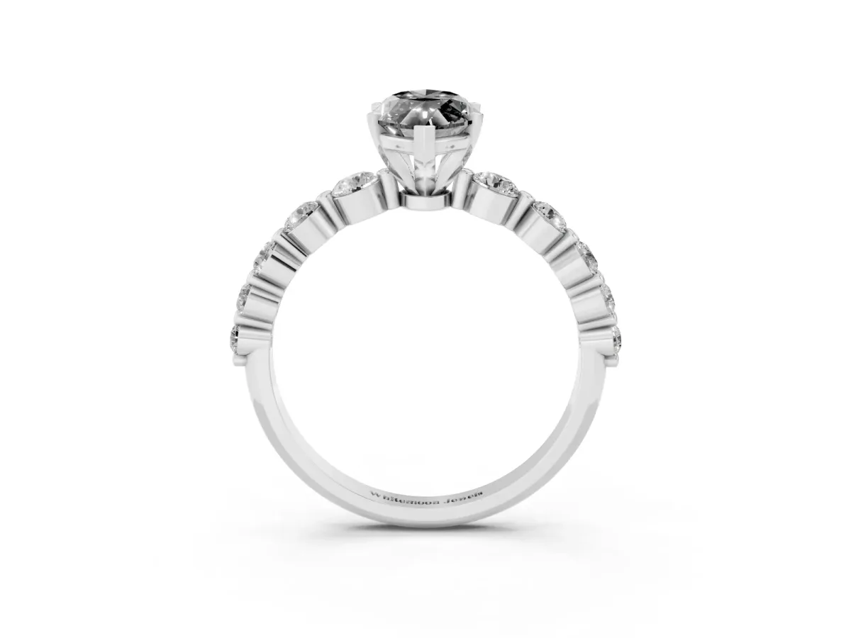 Fancy Black Marquise Cut Solitaire Diamond Ring with Pave Band and Four-Prong Setting Silver