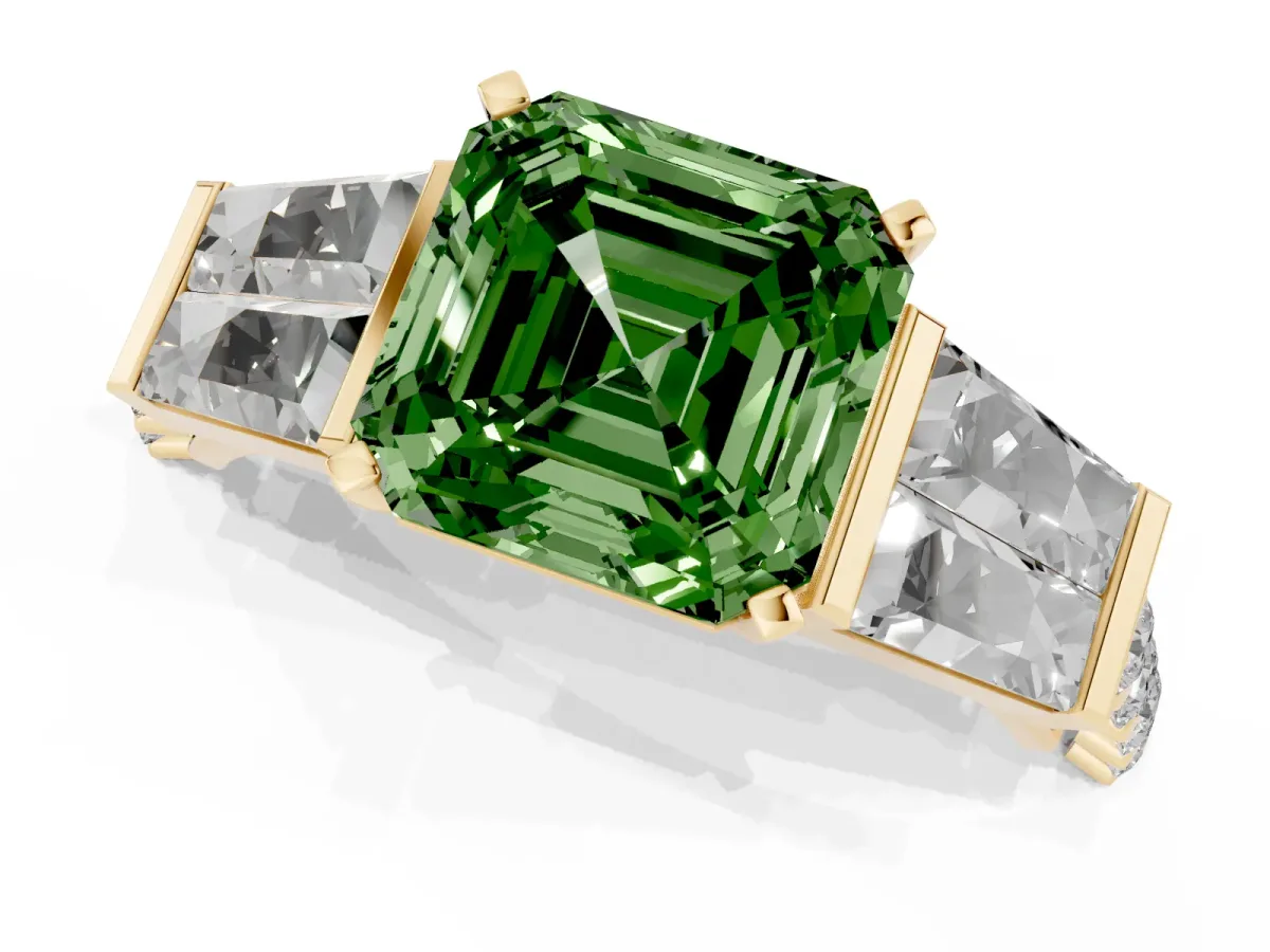Fancy Green Asscher Cut Diamond Engagement Ring with Baguette Side Stones and Channel Set Band Yellow gold