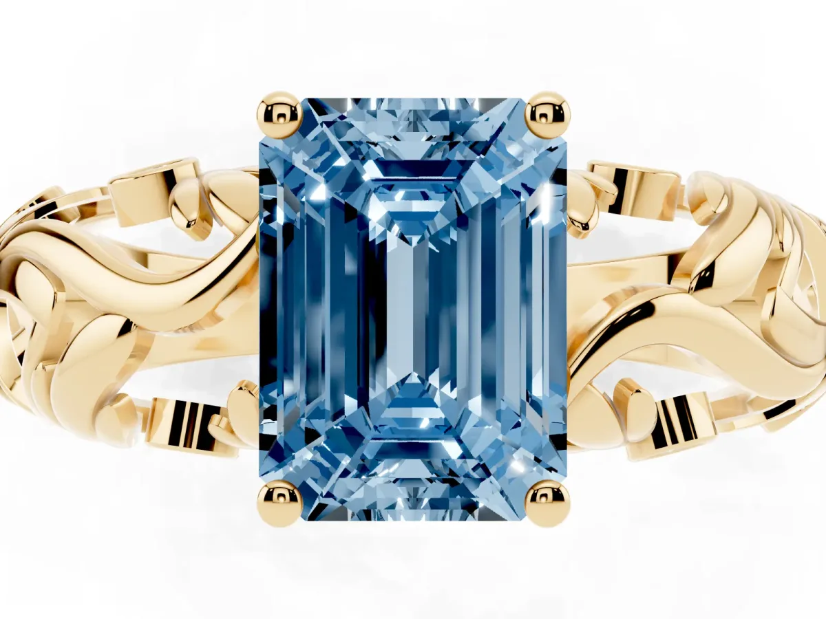 Fancy Blue Emerald Cut Solitaire Diamond Leaf-Inspired Vine Band Ring with Prong Setting Yellow gold