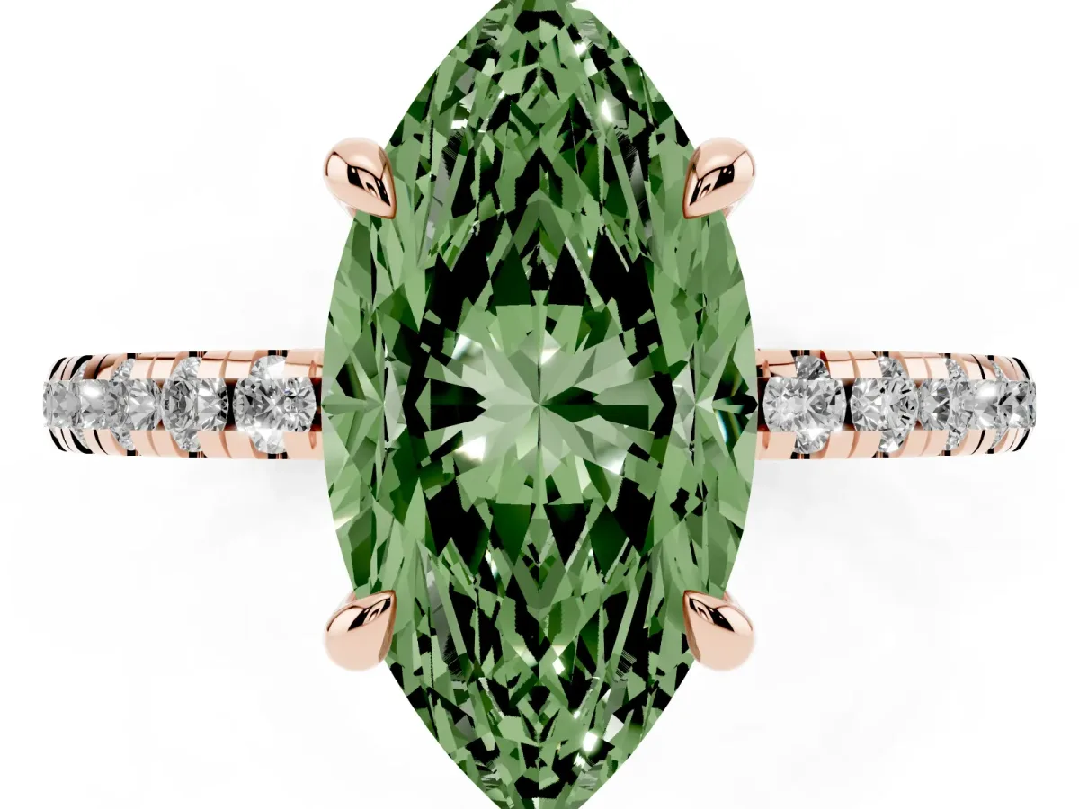 Fancy Green Marquise Cut Diamond Brilliant Solitaire Ring with Pavé Band and Four-Prong Setting Rose gold