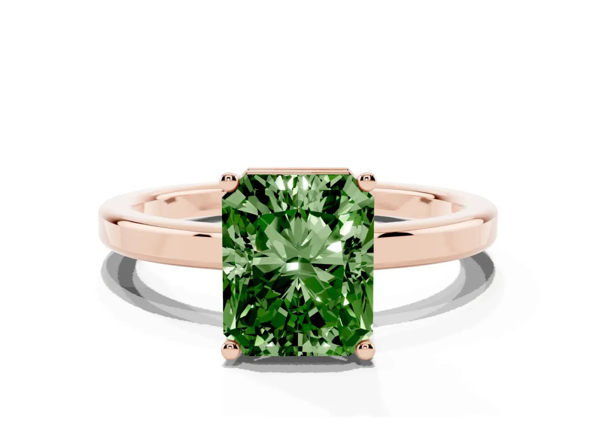 Fancy Green Radiant Cut Cut Solitaire Engagement Ring with Four-Prong Setting on a Classic Band Rose gold