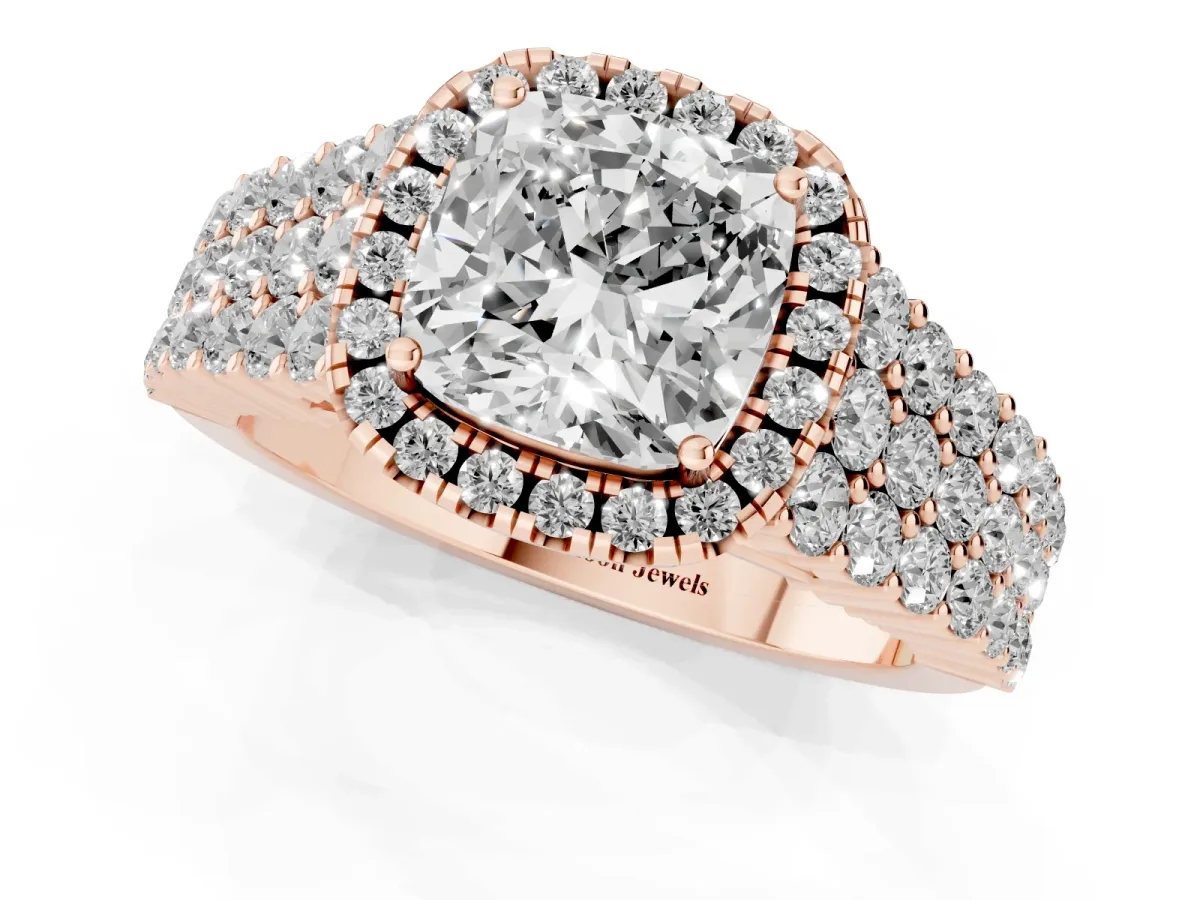 Cushion Cut Diamond Halo Engagement Ring with Triple Row Round Pavé Band and Prong Setting Rose gold