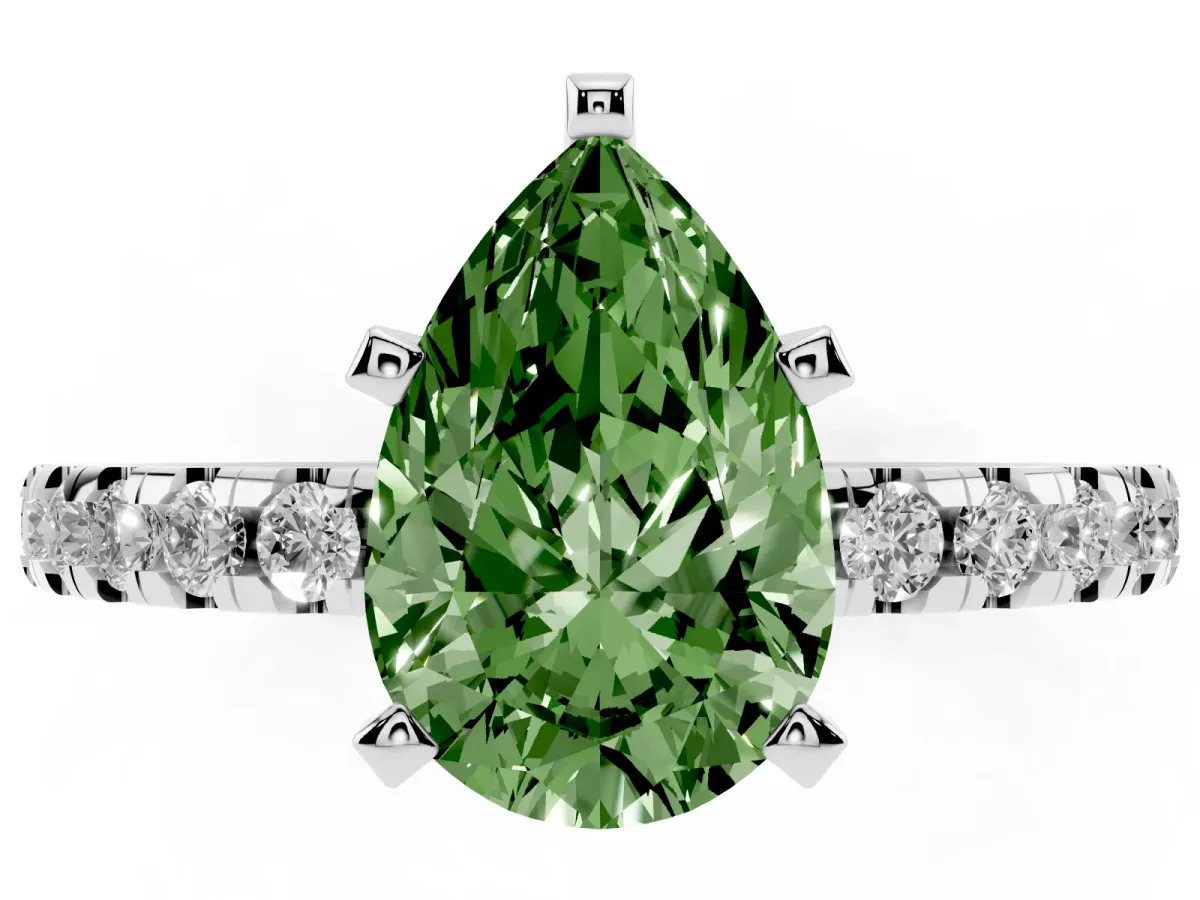 Fancy Green Pear Cut Diamond Solitaire Ring with Round Pavé Band and Four-Prong Setting Silver