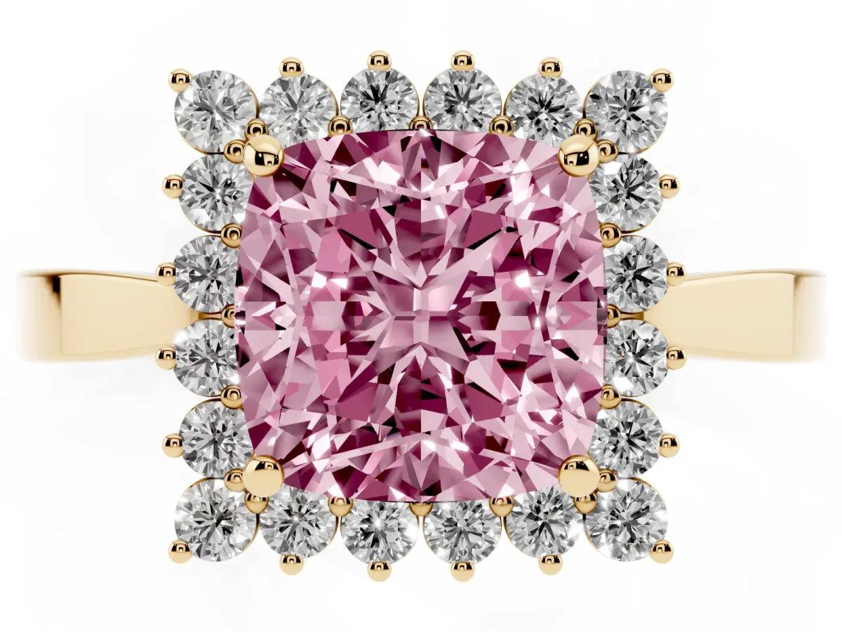 Fancy Pink Cushion Cut Cut Diamond Halo Ring with Round Brilliant Halo and Solitaire Band Yellow gold