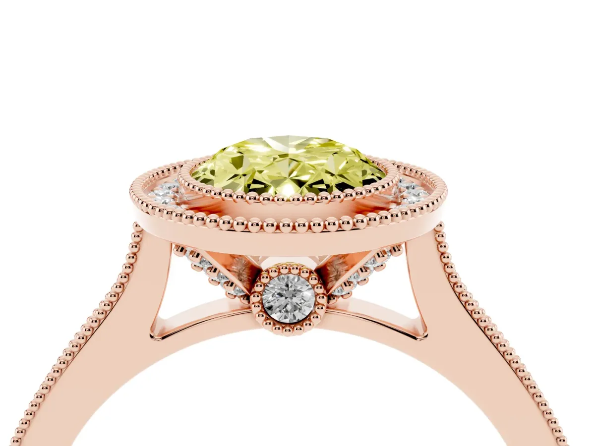 Fancy Yellow Halo Oval Cut-Cut Diamond Pave Band Milgrain Prong Setting Ring Rose gold