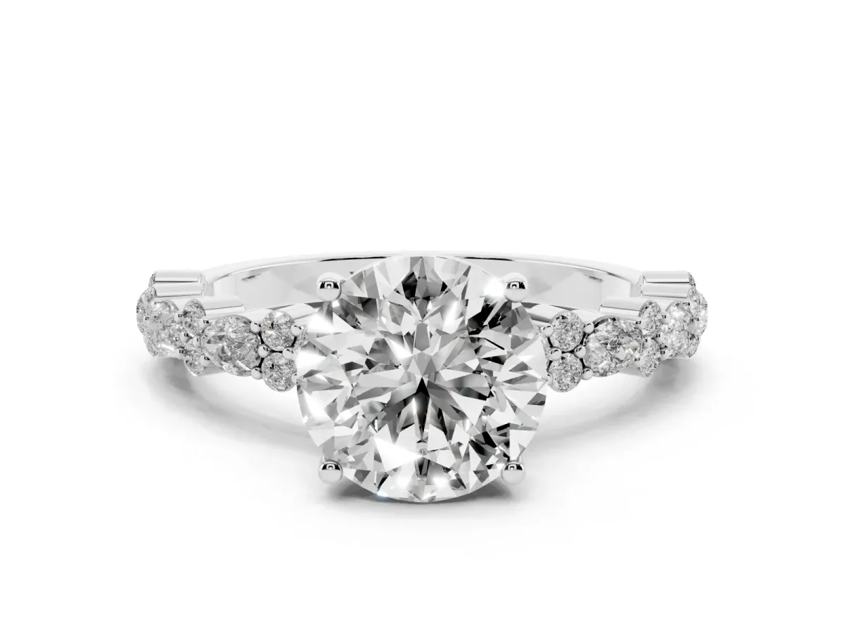 Round Cut Diamond Side Stone Solitaire Ring with Round and Four-Prong Setting Silver