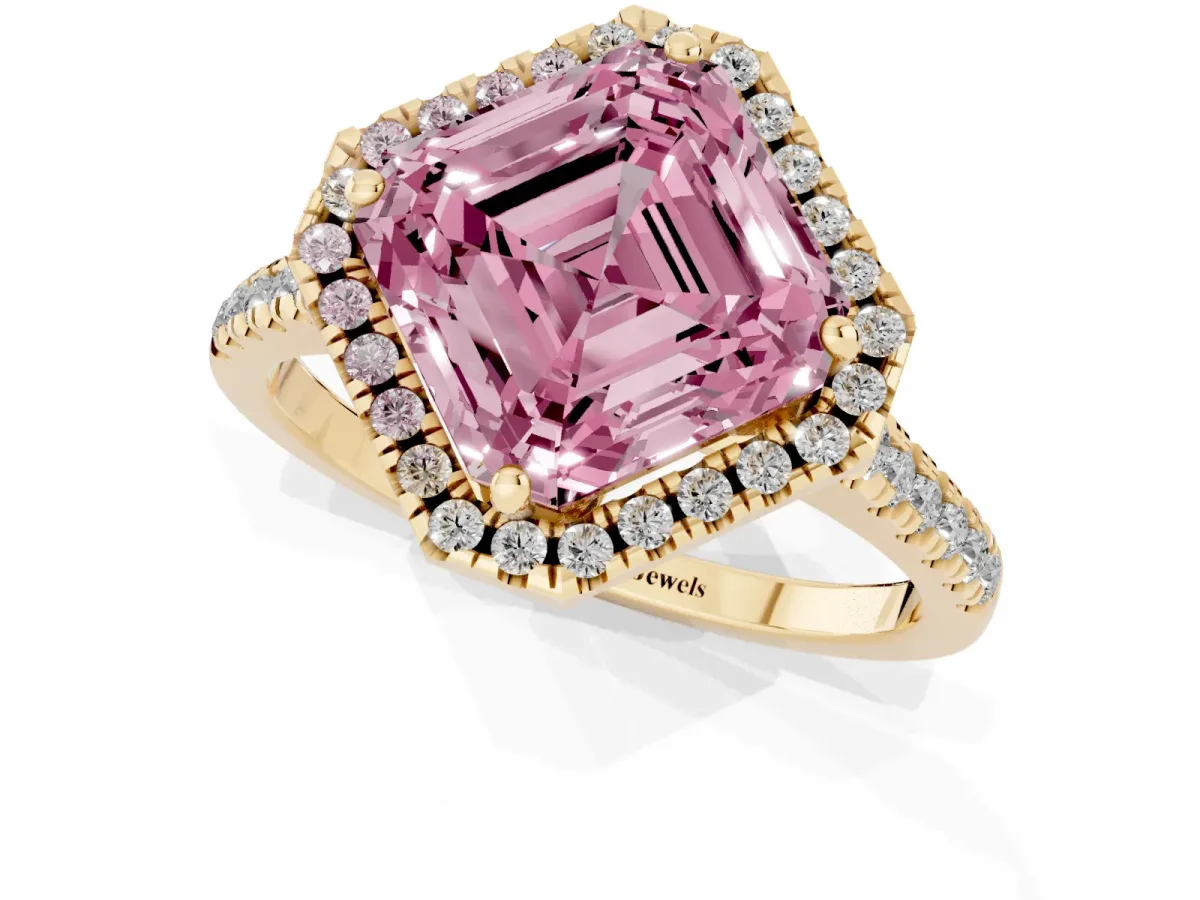 Fancy Pink Asscher Cut Diamond Cushion Halo Ring with Pavé Band Yellow gold