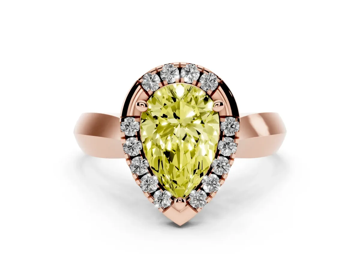 Fancy Yellow Pear Cut Cut Halo Solitaire Engagement Ring with Square Band and Four-Prong Setting Rose gold