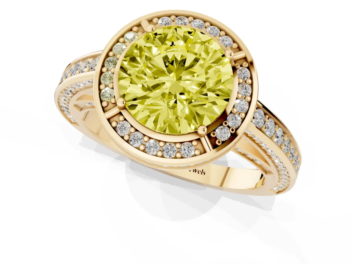 Fancy Yellow Round Cut Cut Halo Pave Split Shank Prong Setting Ring Yellow gold