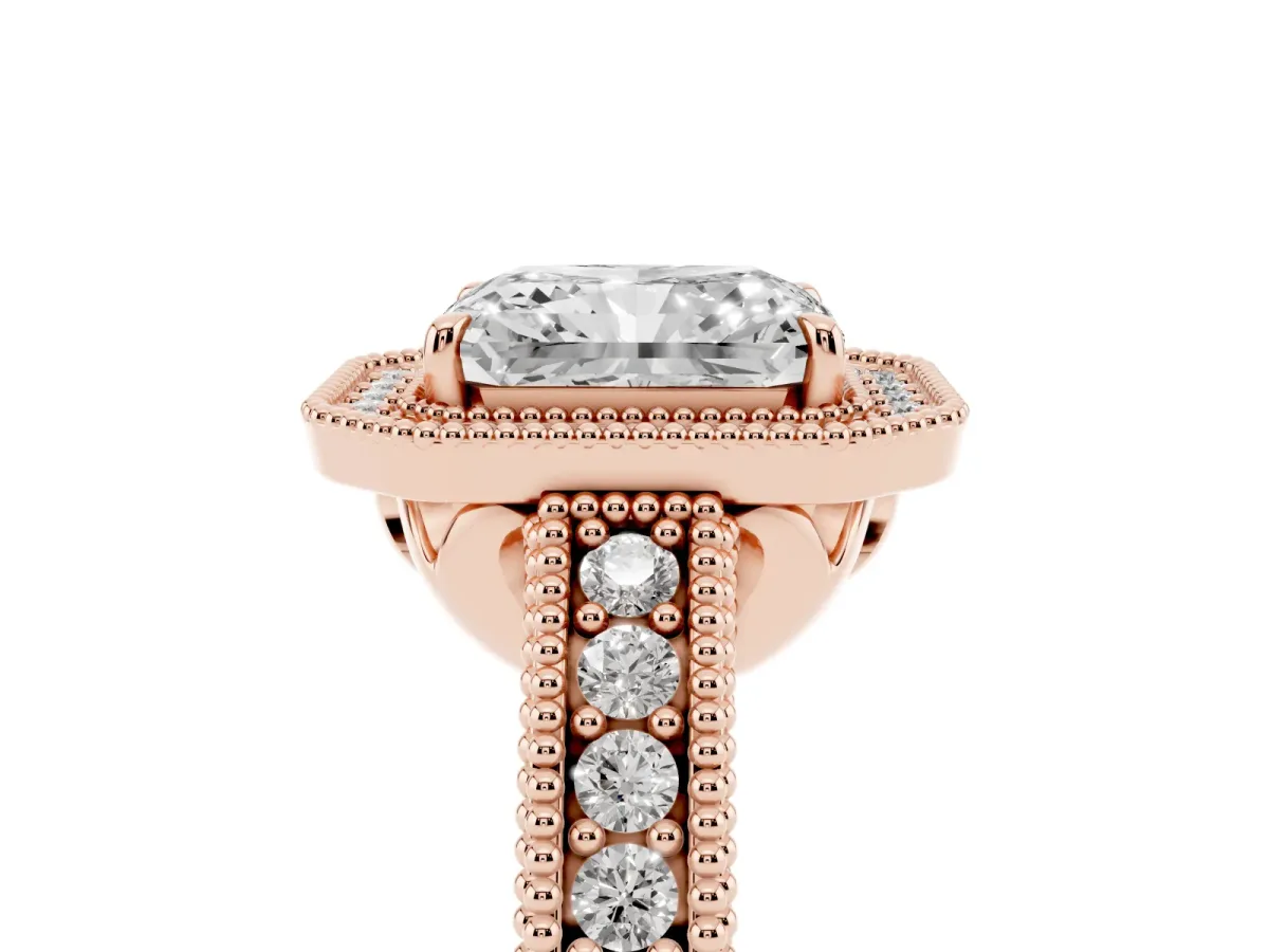 Radiant Cut Cut Halo Diamond Ring with Pavé Band and Four-Prong Setting Rose gold