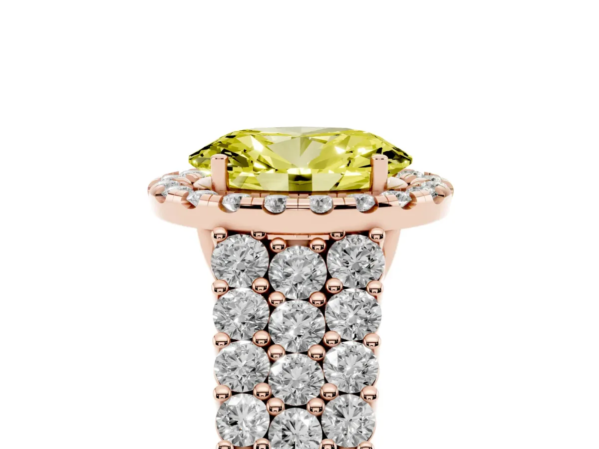 Fancy Yellow Oval Cut Diamond Halo Engagement Ring with Triple Row Round Pavé Band and Prong Setting Rose gold