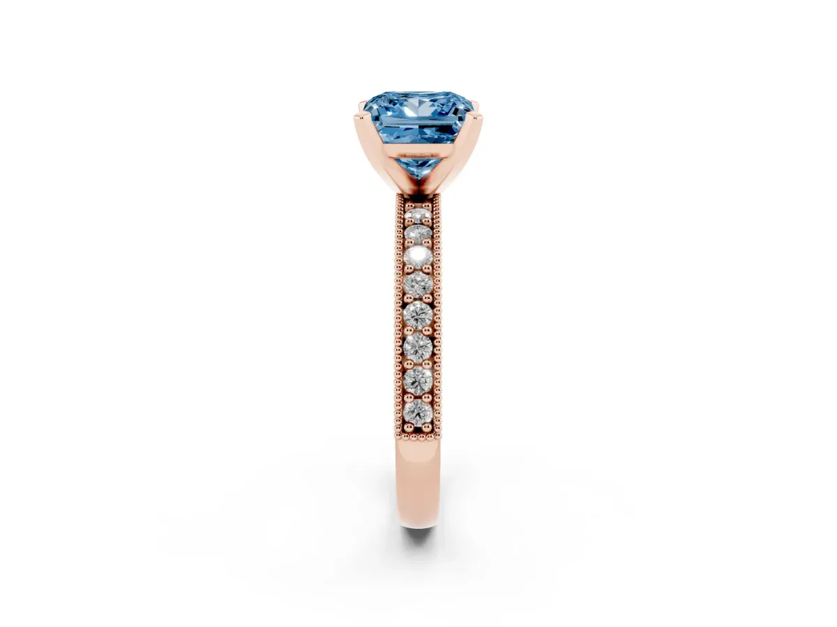 Fancy Blue Princess Cut Diamond Milgrain Pavé Engagement Ring with Four-Prong Setting Rose gold