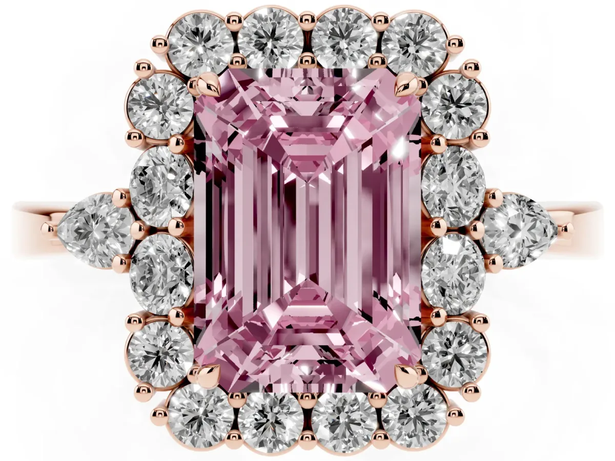 Fancy Pink Emerald Cut Diamond Halo Ring with Pear Side Stones and Prong Setting Rose gold