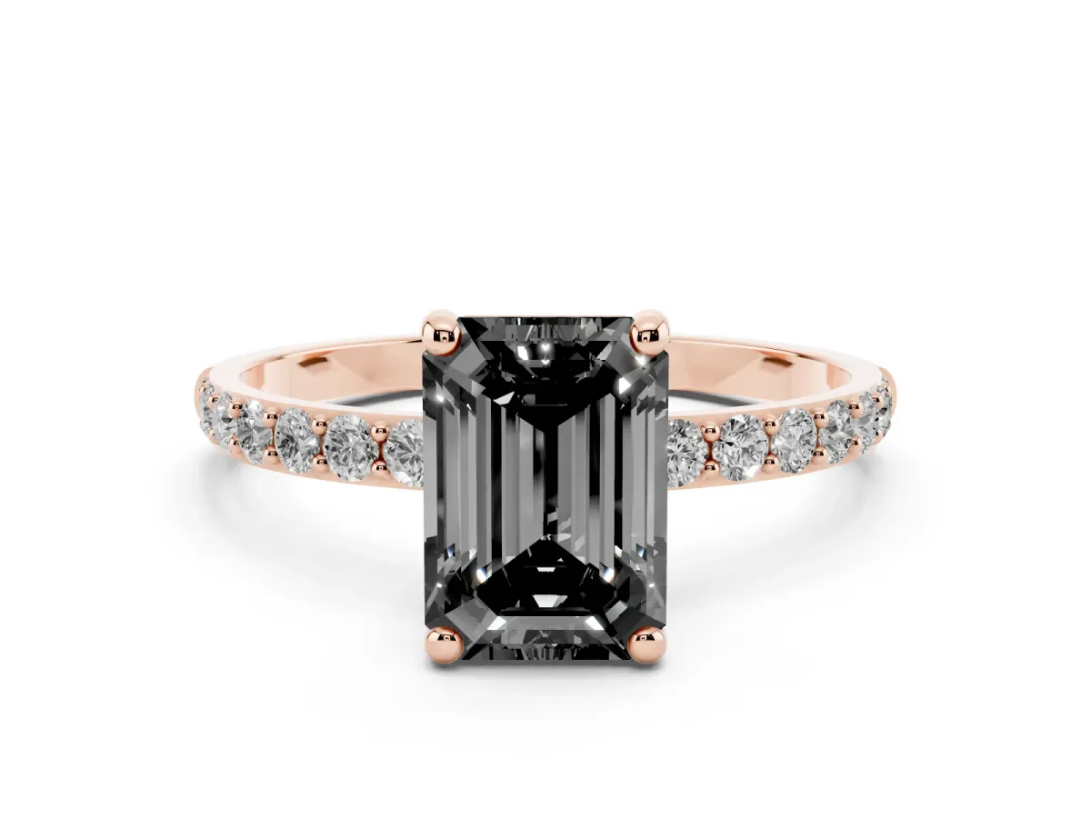 Fancy Black Emerald Cut Diamond Solitaire Ring with Round Pavé Band and Prong Setting Rose gold