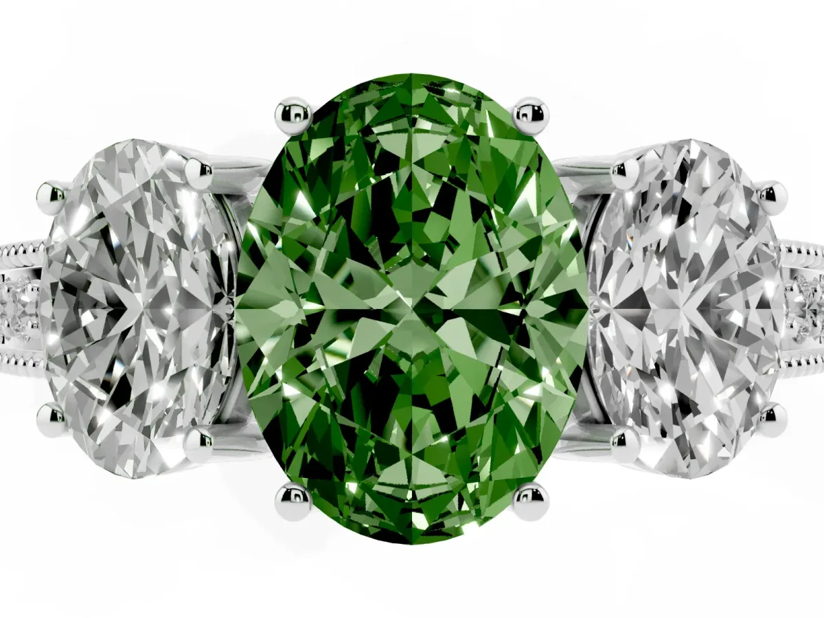 Fancy Green Three-Stone Oval Cut Cut Milgrain Pavé Engagement Ring Silver