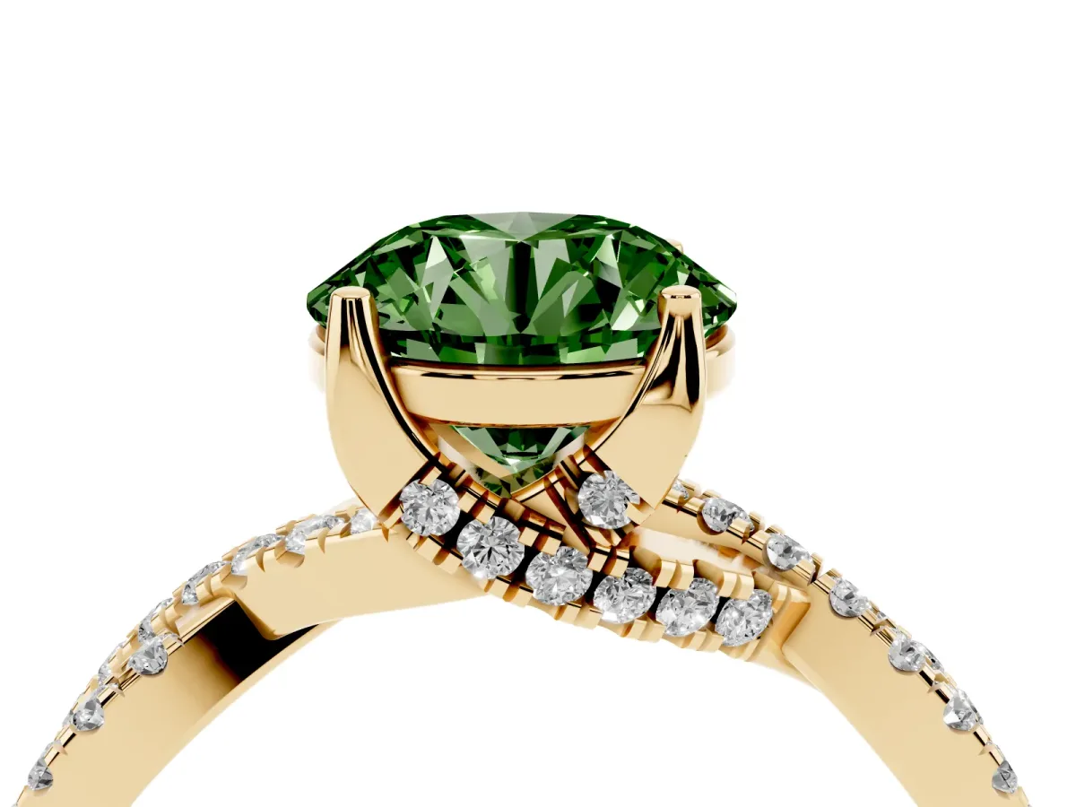 Fancy Green Round Cut Solitaire Twist Pave Diamond Engagement Ring with Prong Setting Yellow gold