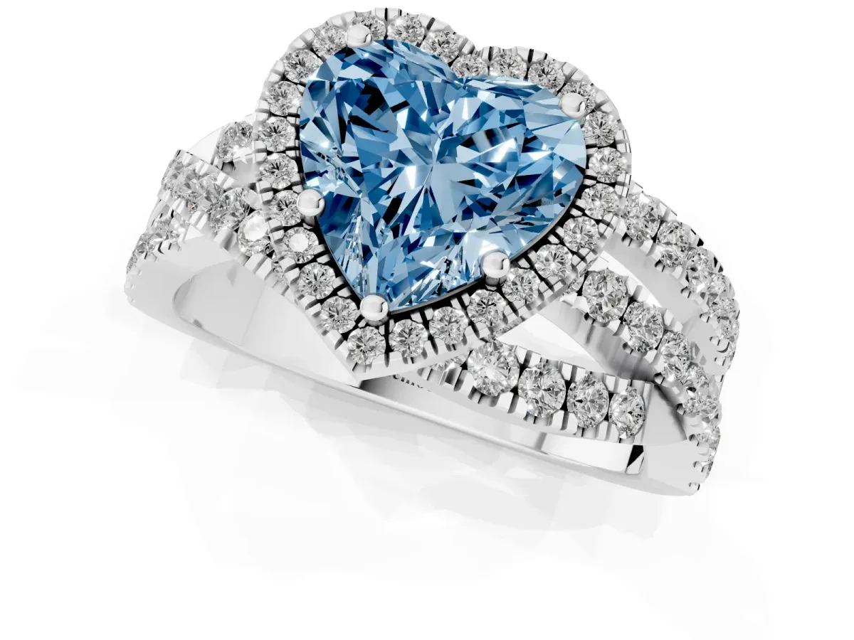 Fancy Blue Heart Cut Diamond Halo Ring with Round Split Shank and Prong Setting Silver