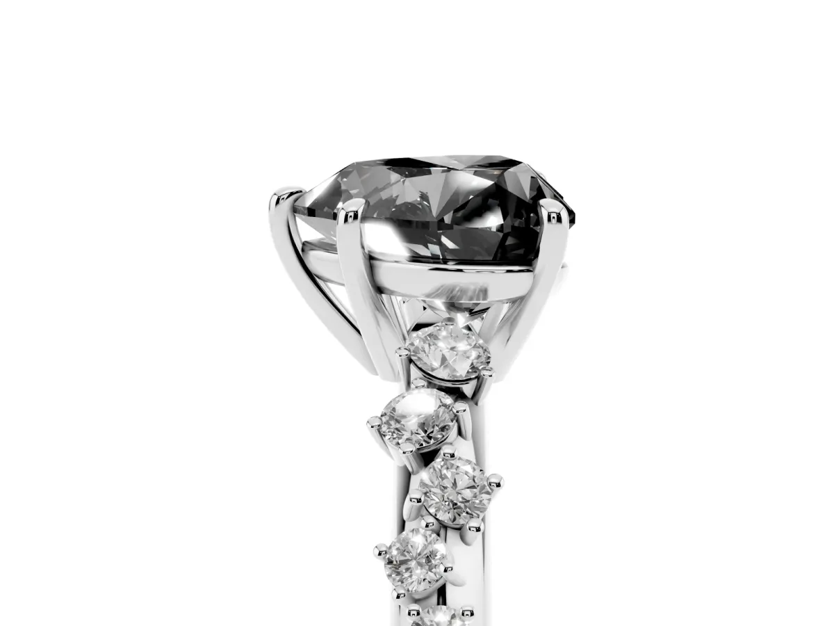 Fancy Black Heart Cut Diamond Cluster Side Stone Solitaire Ring with Prong Setting Silver