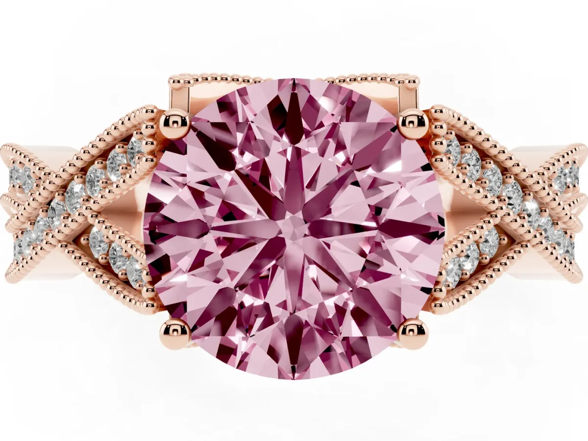 Fancy Pink Round Cut Cut Diamond Twisted Band with Milgrain Pave Setting and Four-Prong Setting Rose gold