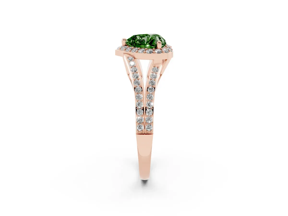 Fancy Green Heart Cut Halo Split Shank Pave Diamond Ring with Four-Prong Setting Rose gold