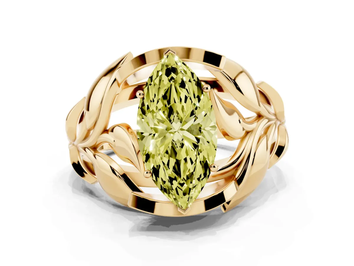Fancy Yellow Marquise Cut Diamond Leaf-Inspired Engagement Ring with Round Accents and Prong Setting Yellow gold