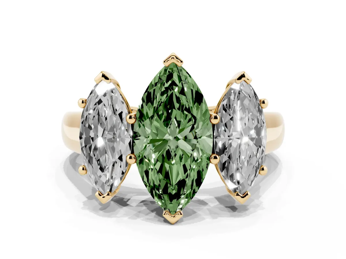 Fancy Green Marquise Cut Three-Stone Diamond Ring with Prong Setting on a Classic Band Yellow gold