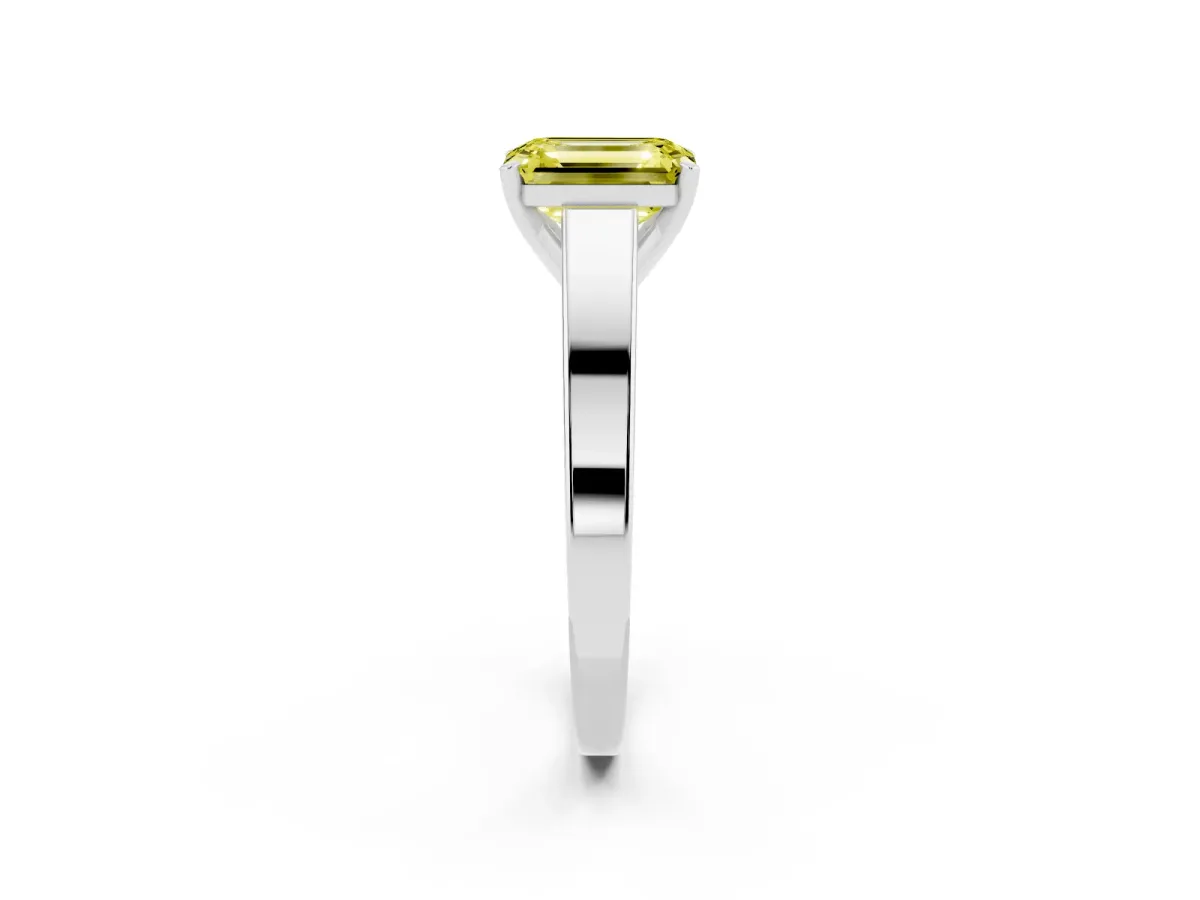 Fancy Yellow Emerald Cut Solitaire Engagement Ring with Four-Prong Setting and Tapered Band Silver
