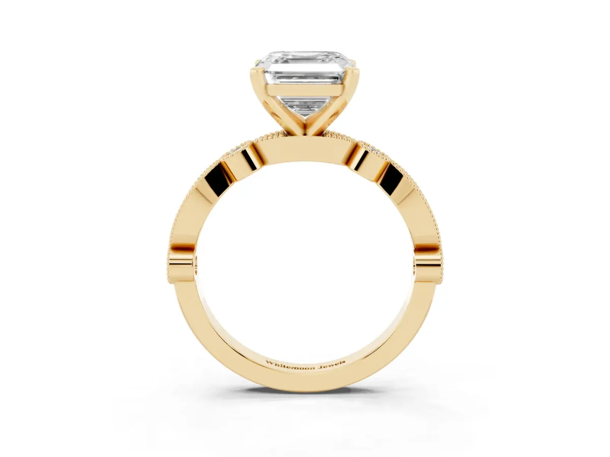 Asscher Cut Milgrain Bezel Diamond Engagement Ring with Solitaire Prong Setting Yellow gold