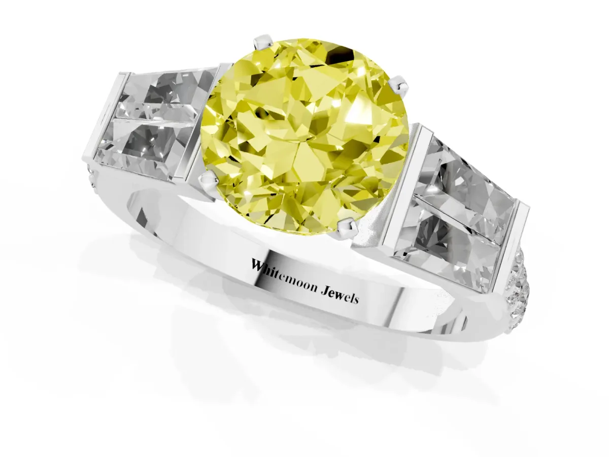 Fancy Yellow Round Cut Diamond Engagement Ring with Baguette Side Stones and Channel Set Band Silver