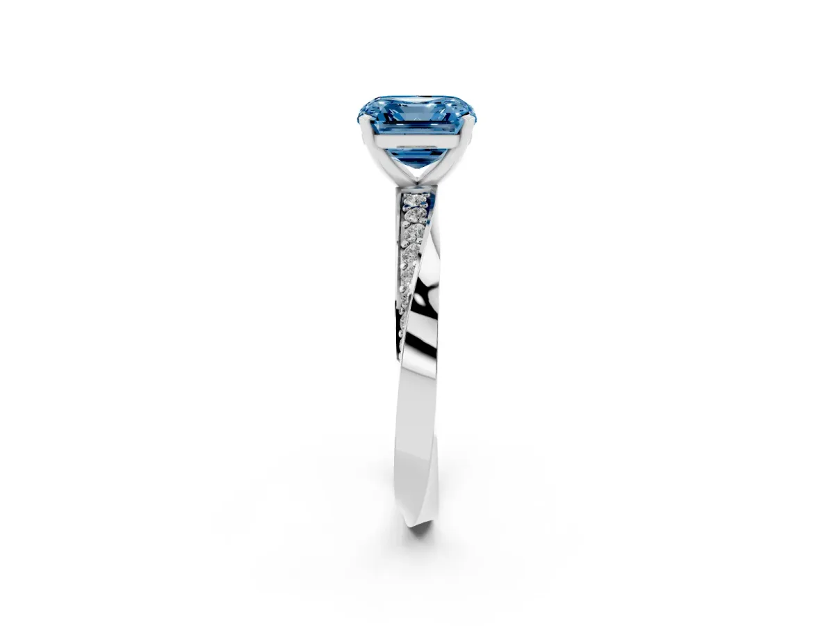 Fancy Blue Asscher Cut Diamond Engagement Ring with Side Stone Accents and Four-Prong Setting Silver