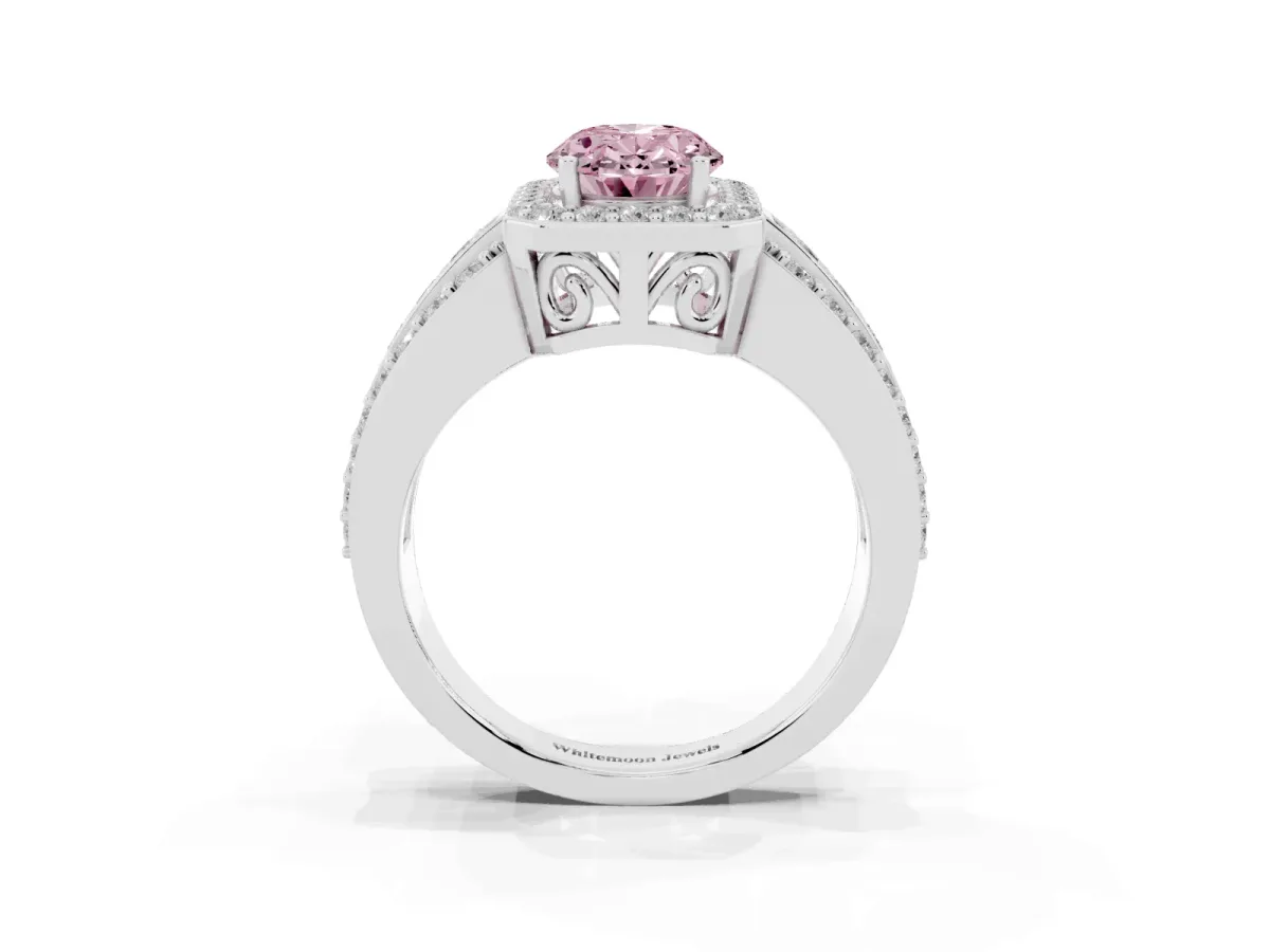 Fancy Pink Oval Cut Halo Diamond Ring with Round Split Shank and Prong Setting Platinum