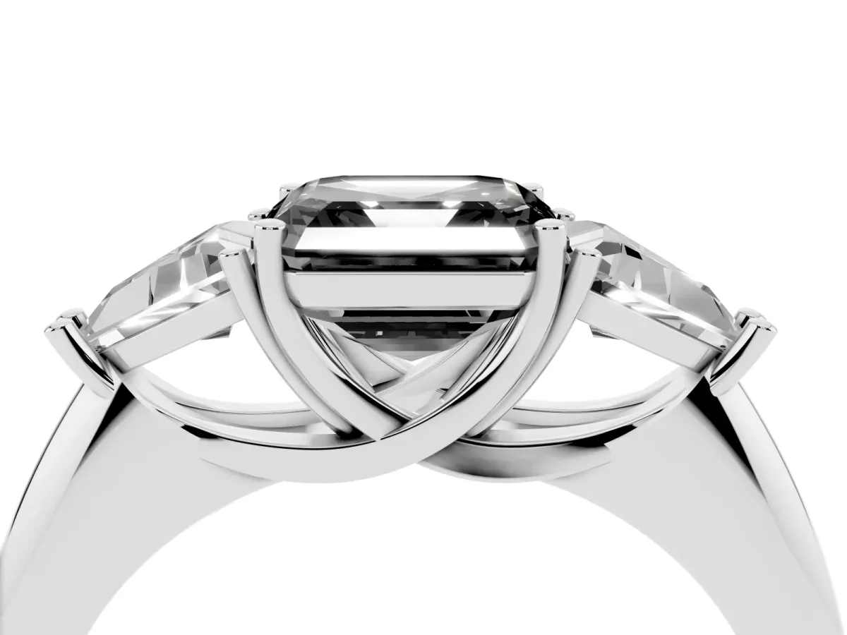 Fancy Black Three-Stone Asscher Cut Diamond Engagement Ring with Trillion Side Stones and Prong Setting Silver