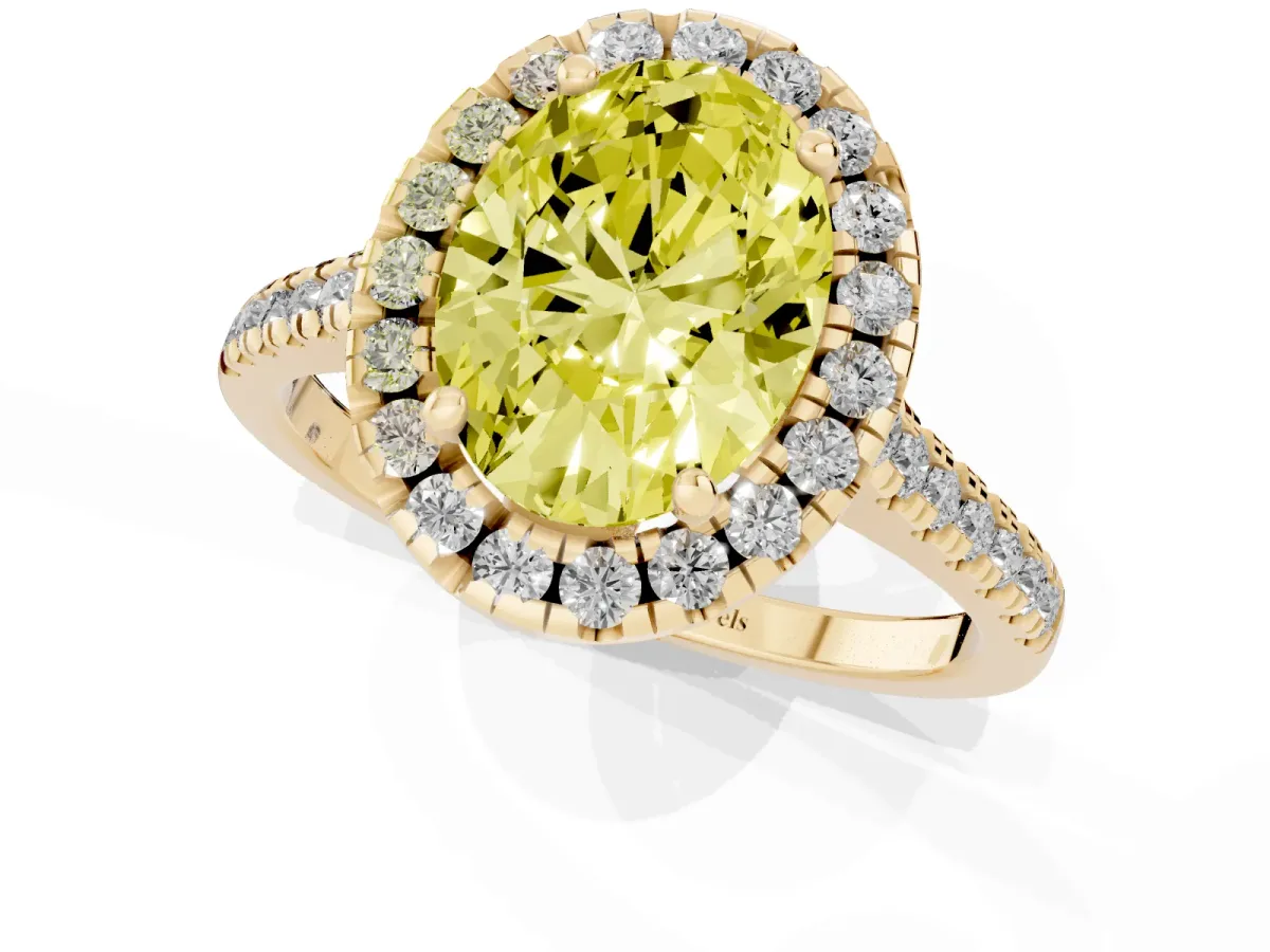 Fancy Yellow Oval Cut Diamond Cushion Halo Ring with Pavé Band Yellow gold