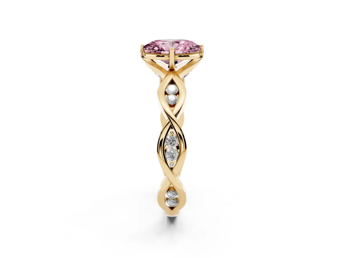 Fancy Pink Oval Cut Solitaire Twist Band with Leaf Prong Setting Yellow gold