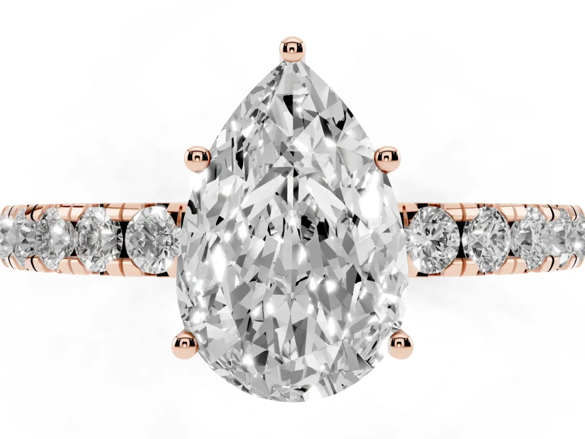 Pear Cut Diamond Pavé Solitaire Engagement Ring with Four-Prong Setting Rose gold