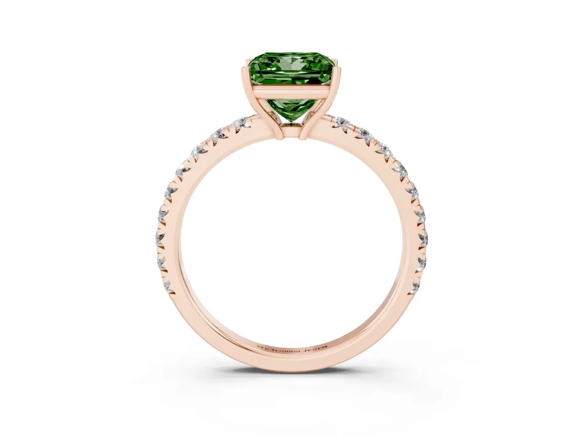 Fancy Green Princess Cut Diamond Pavé Solitaire Engagement Ring with Four-Prong Setting Rose gold