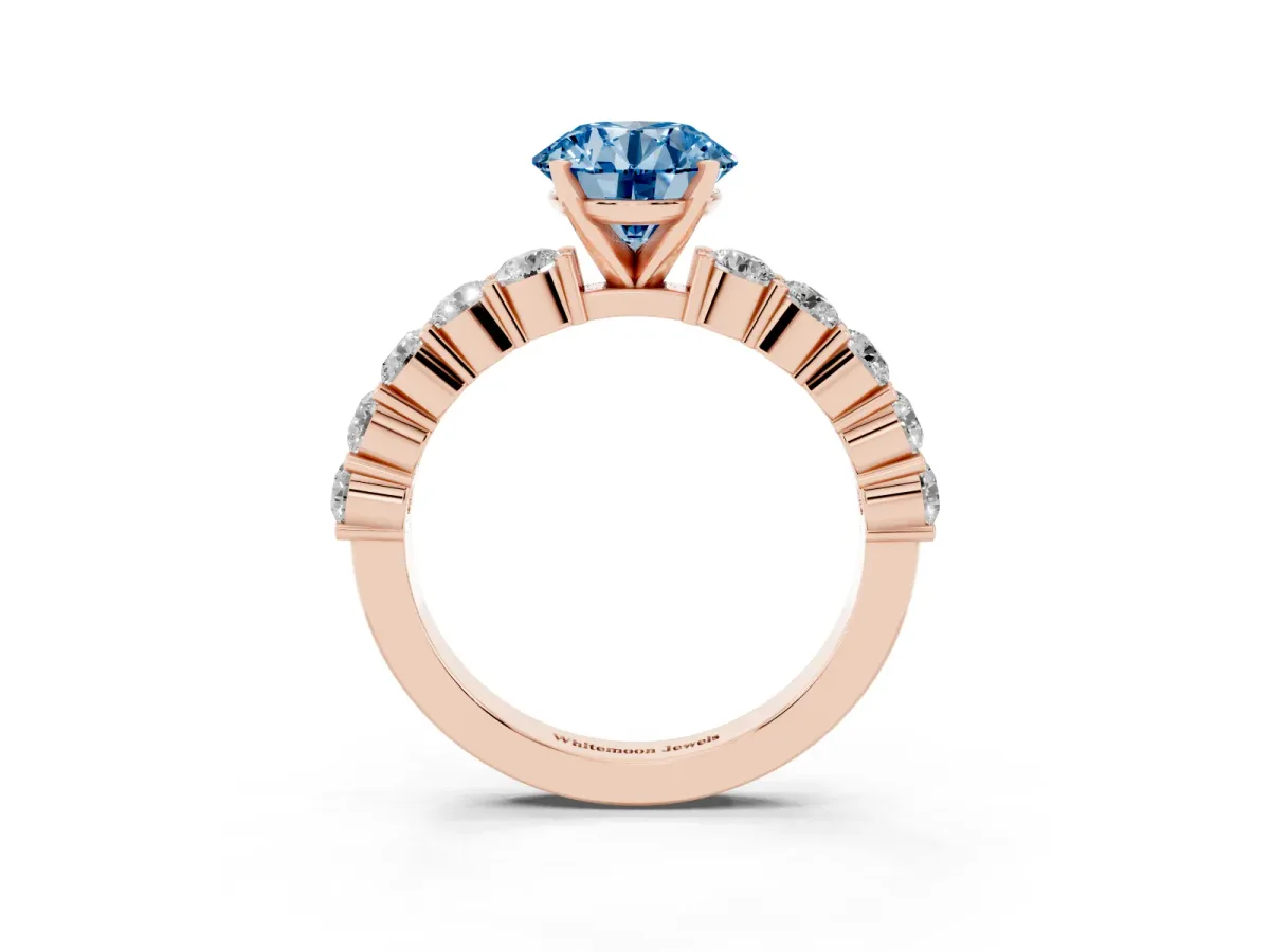 Fancy Blue Round Cut Diamond Solitaire Ring with Shared Prong Round Side Stones Rose gold