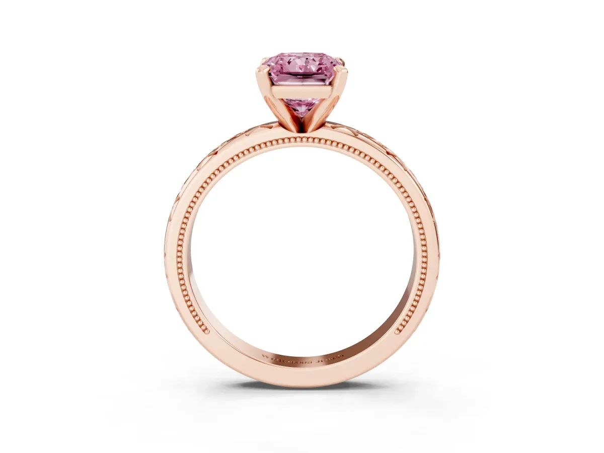 Fancy Pink Radiant Cut Solitaire Engagement Ring with Scrollwork Band and Four-Prong Setting Rose gold
