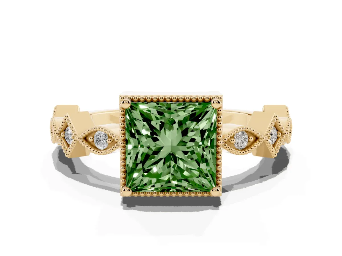 Fancy Green Princess Cut Milgrain Marquise Diamond Twist Band Ring Yellow gold