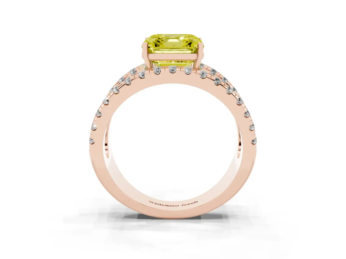 Fancy Yellow Asscher Cut Solitaire Split Shank Pave Diamond Ring Rose gold