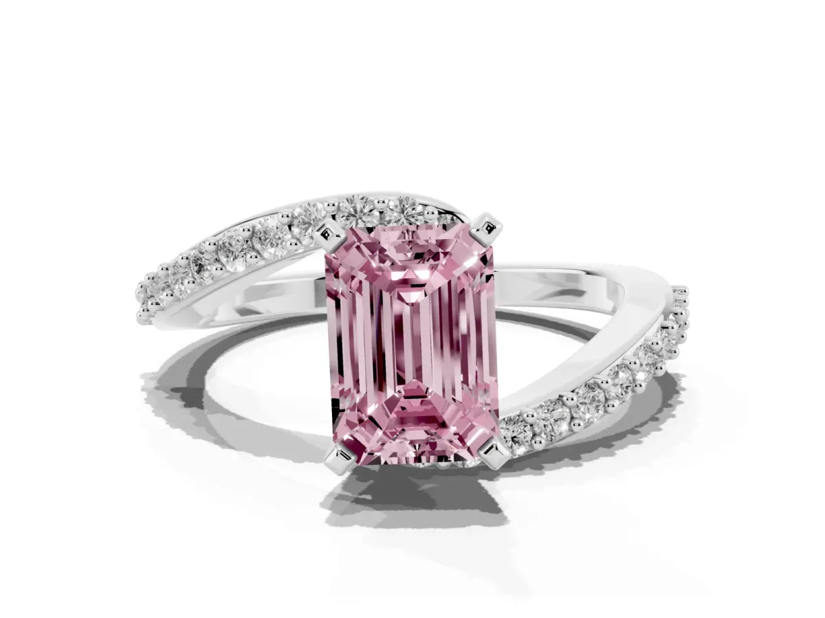 Fancy Pink Emerald Cut Solitaire Twist Band with Pave Set Diamonds and Four-Prong Setting Silver