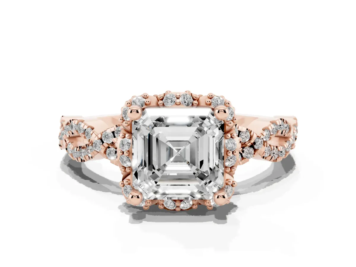 Asscher Cut Halo Twist Band Solitaire Ring with Six-Prong Setting Rose gold