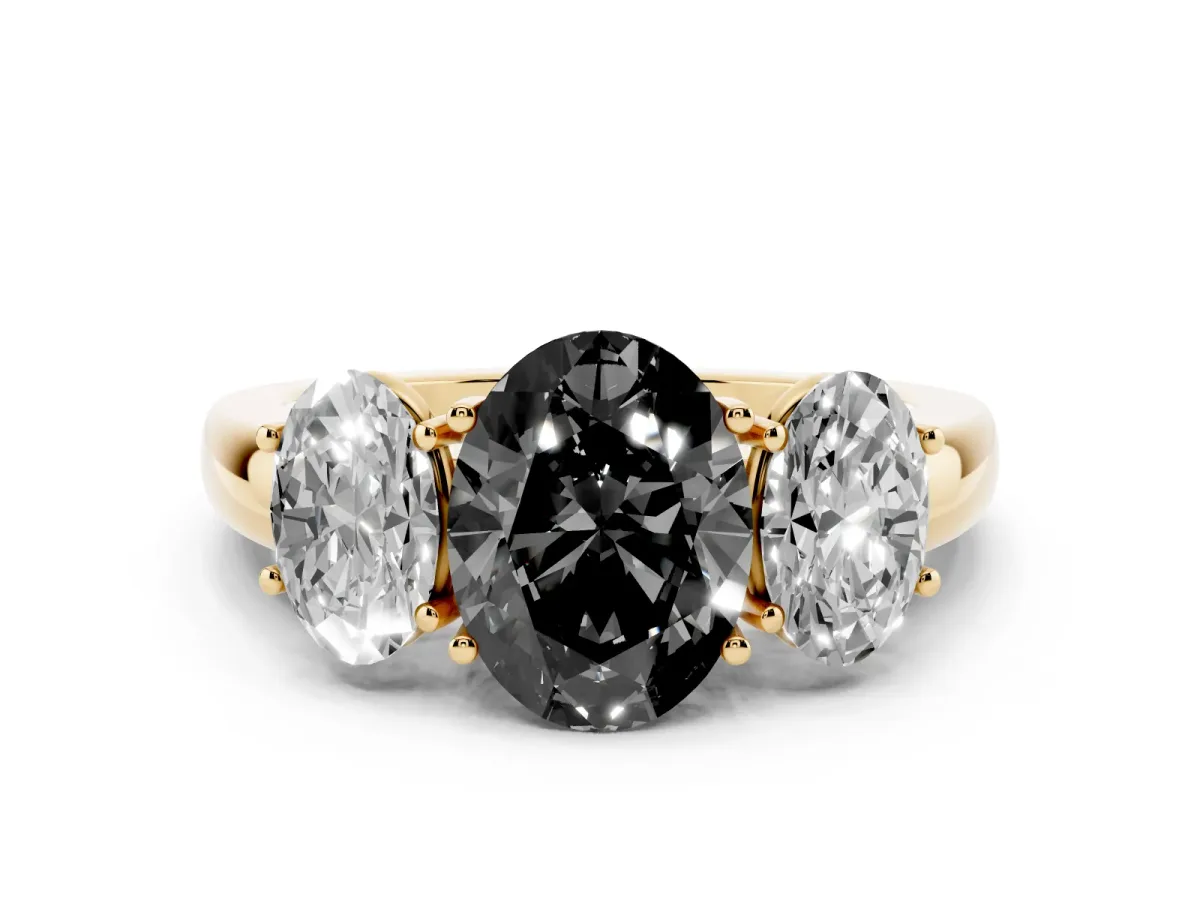 Fancy Black Oval Cut Diamond Three-Stone Ring with Four-Prong Setting and Classic Band Yellow gold