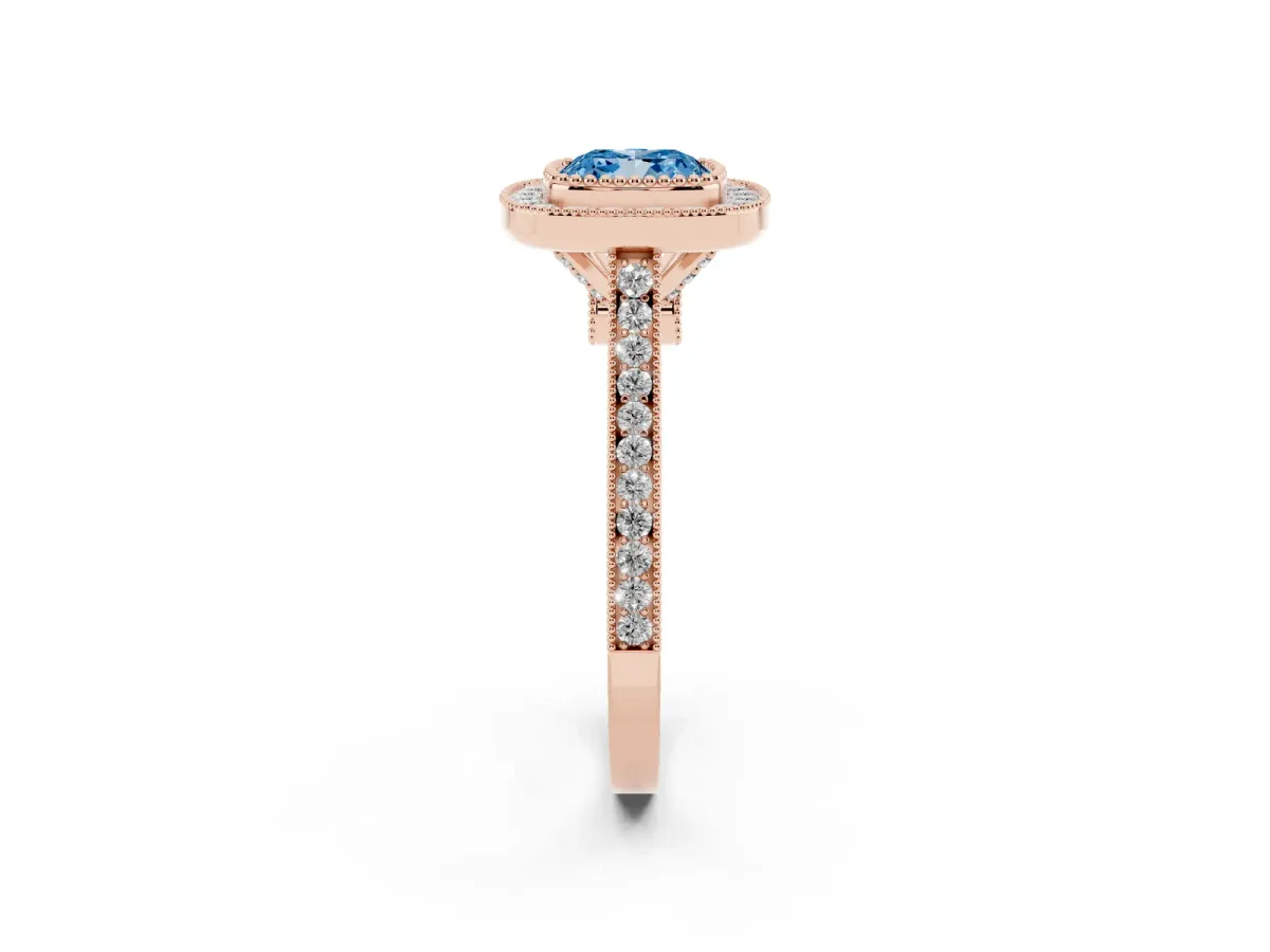 Fancy Blue Cushion Cut Diamond Halo Ring with Milgrain Frame and Pavé Band Rose gold