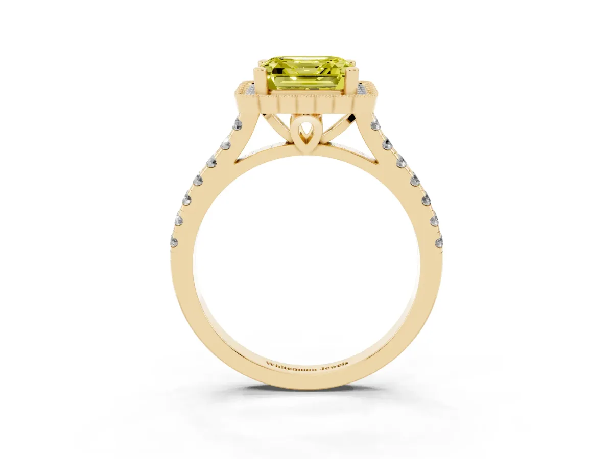 Fancy Yellow Asscher Cut Cut Diamond Milgrain Floral Halo Engagement Ring with Pavé Band Yellow gold