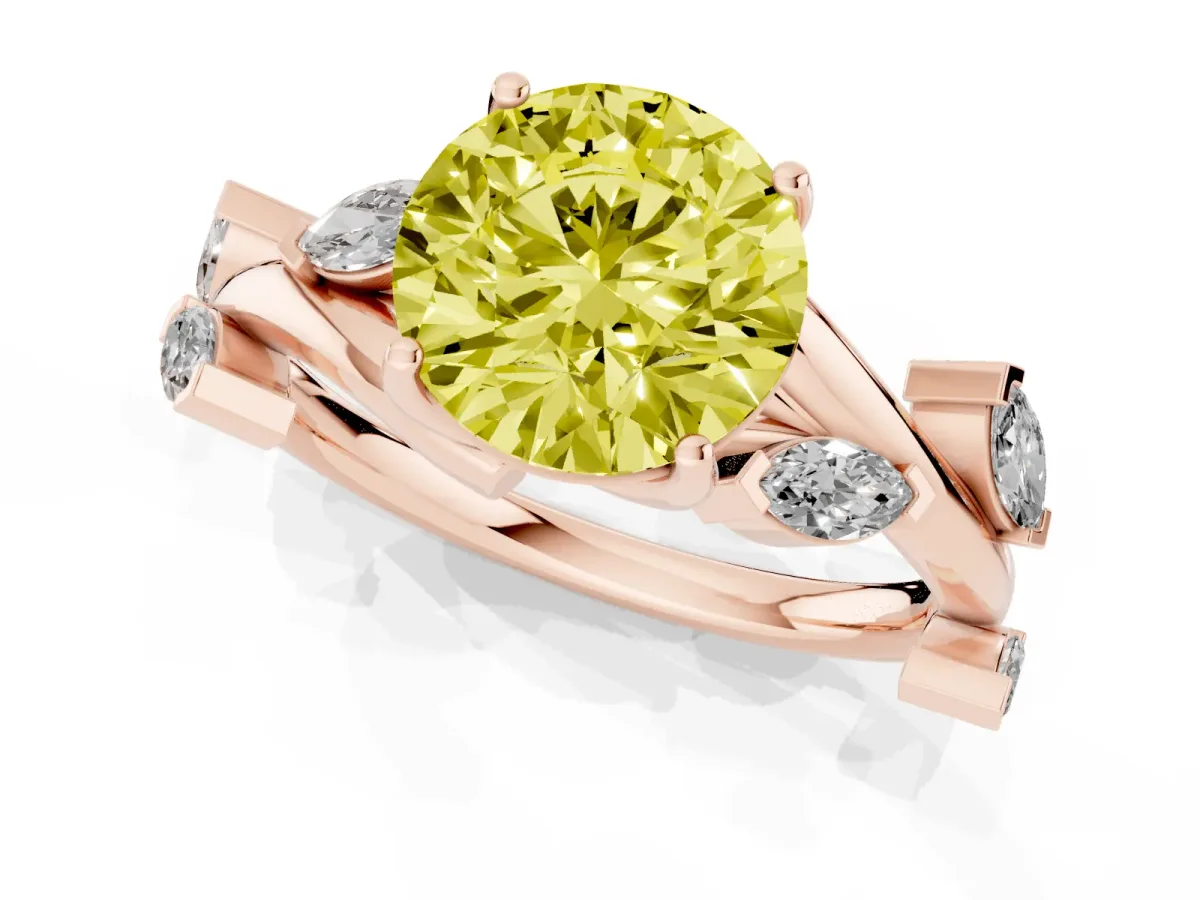 Fancy Yellow Round Cut Solitaire Twisted Band Marquise Accent Prong Setting Ring Rose gold